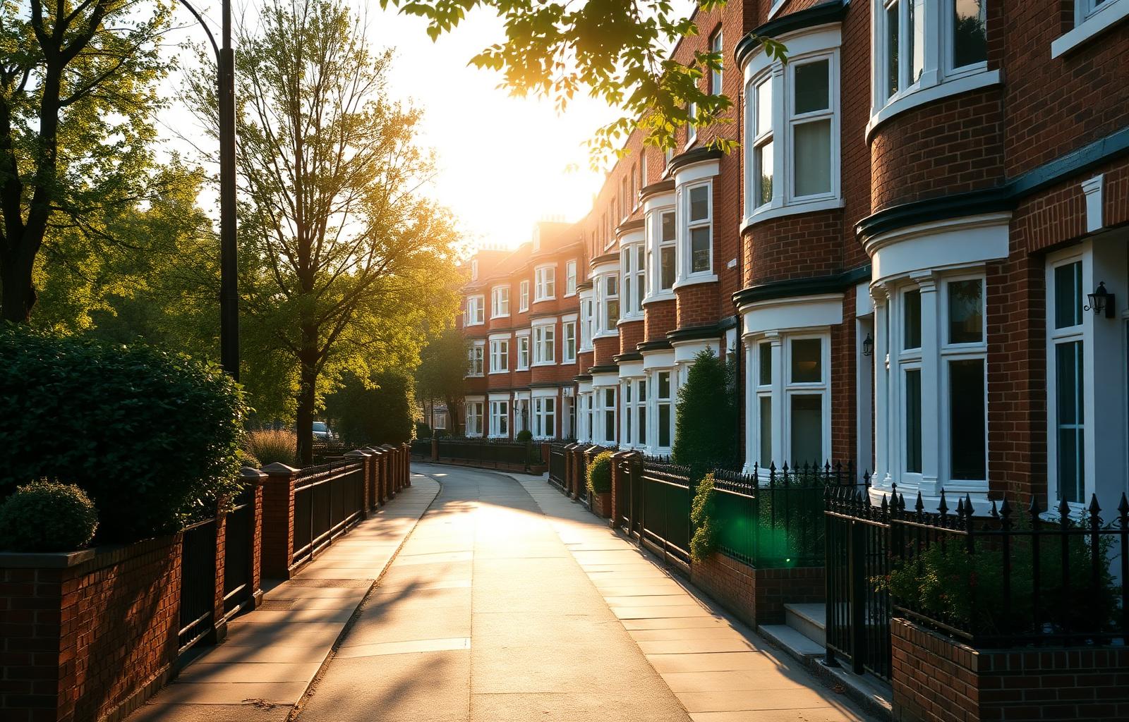 UK terraced houses on a leafy London street at golden hour